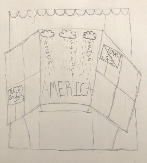 A symbolic, hand drawn pencil drawing on paper by student named Laysha showing a window with the word "America" in the middle and the word "police brutality" written inside a picture of a cloud.